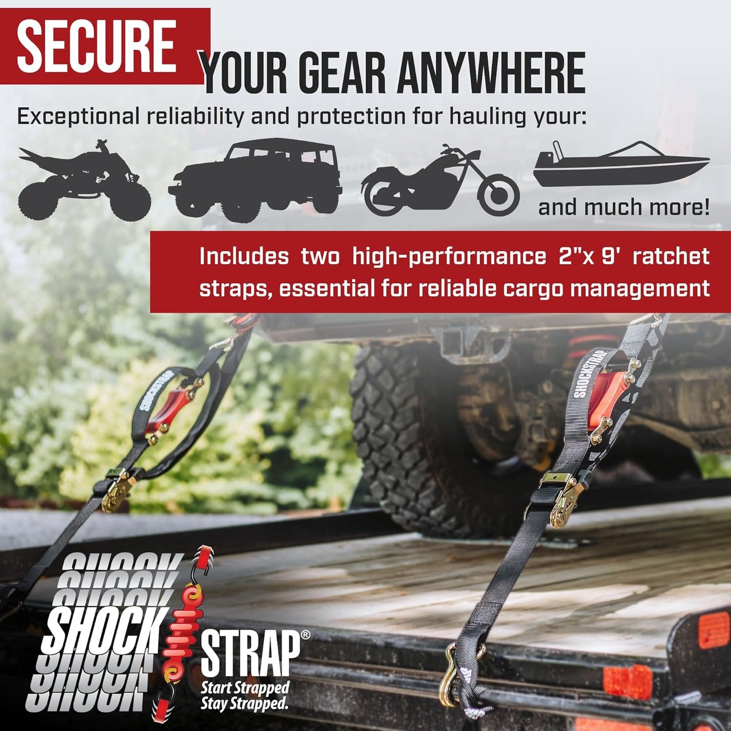 The Perfect Bungee- 9ft x 2in SHOCKSTRAP® Ratchet Strap with Wire Hooks, Premium Polyester Webbing, 6k Break Strength 2k Working Load Limit