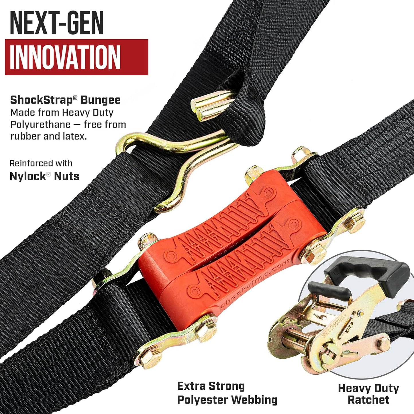 The Perfect Bungee- 9ft x 2in SHOCKSTRAP® Ratchet Strap with Wire Hooks, Premium Polyester Webbing, 6k Break Strength 2k Working Load Limit