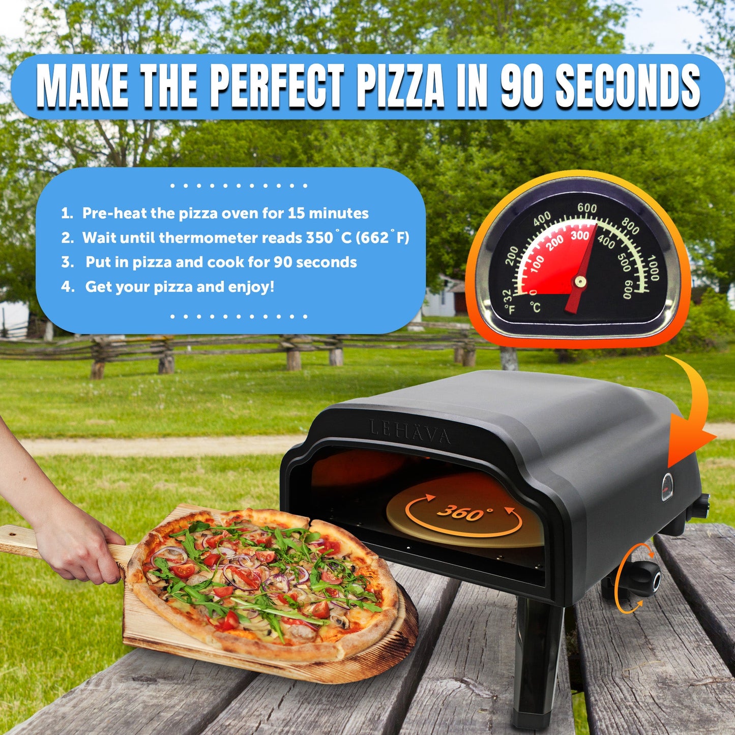 Flame King- Outdoor Portable 14-inch Propane Pizza Oven Gas 360 Degree Rotating Stone