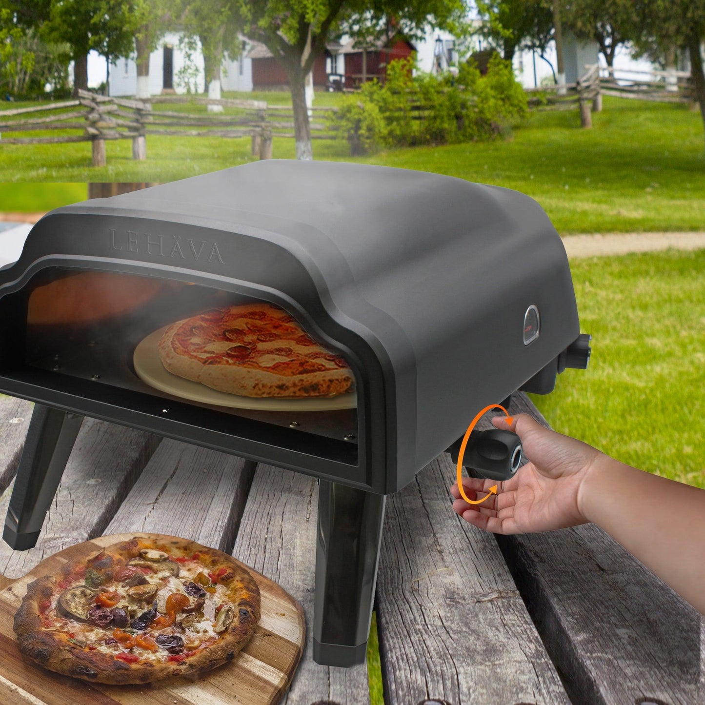Flame King- Outdoor Portable 14-inch Propane Pizza Oven Gas 360 Degree Rotating Stone