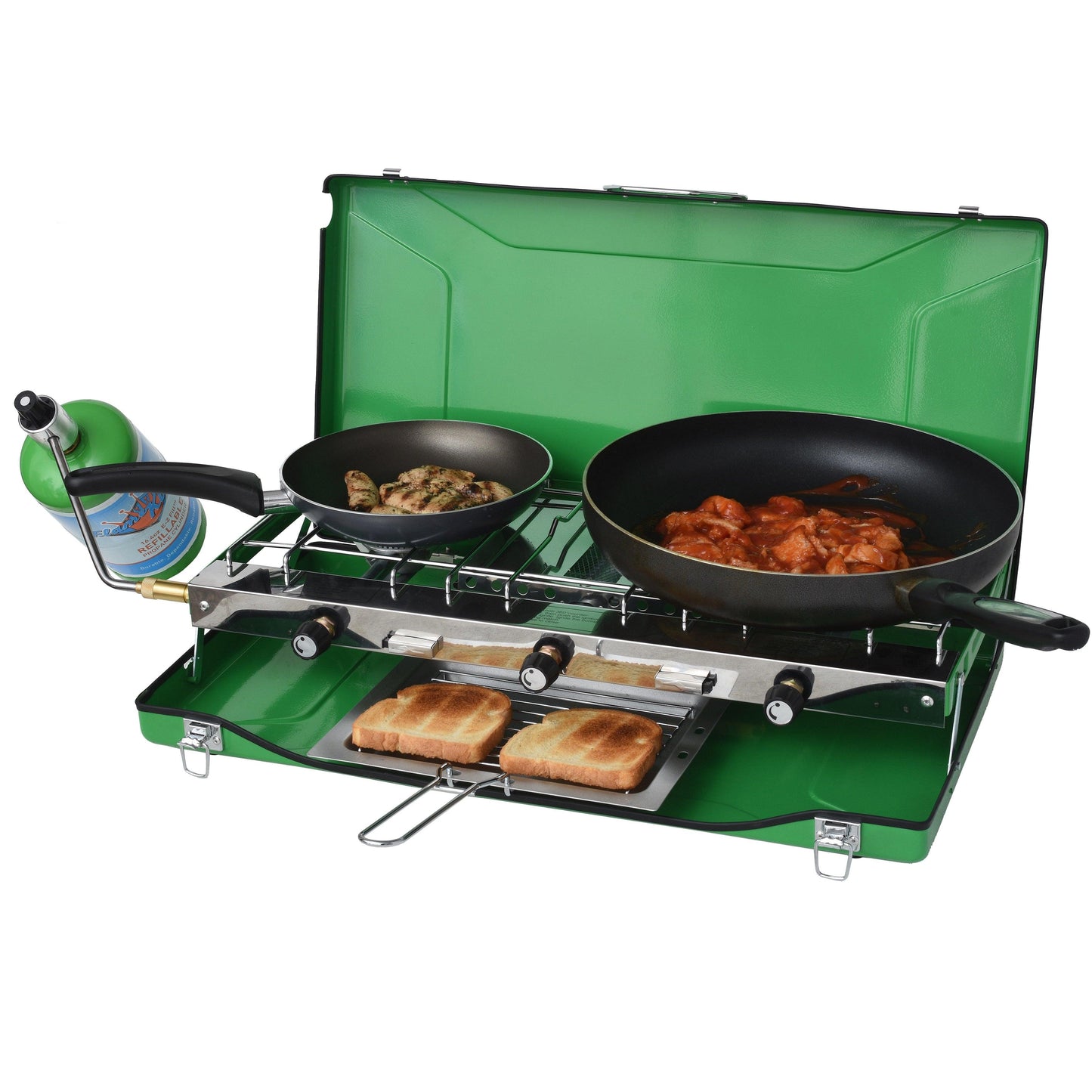 Flame King- Portable 3 Burner Grill Propane Gas Camping Stove Toast Tray