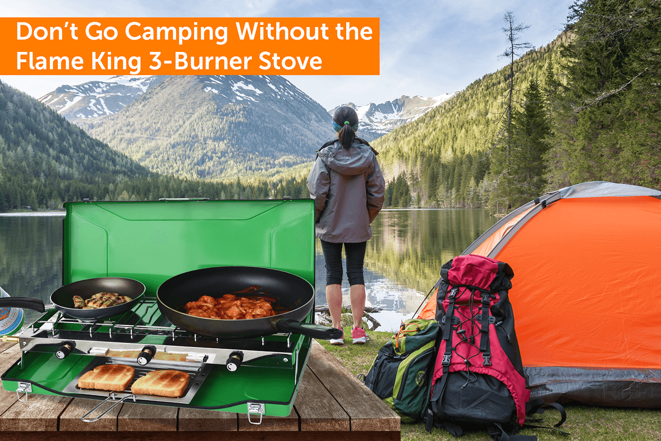 Flame King- Portable 3 Burner Grill Propane Gas Camping Stove Toast Tray