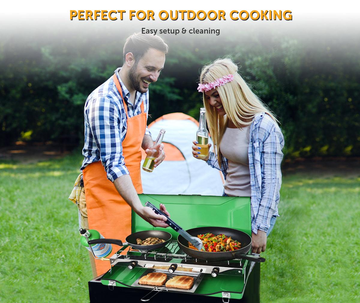 Flame King- Portable 3 Burner Grill Propane Gas Camping Stove Toast Tray