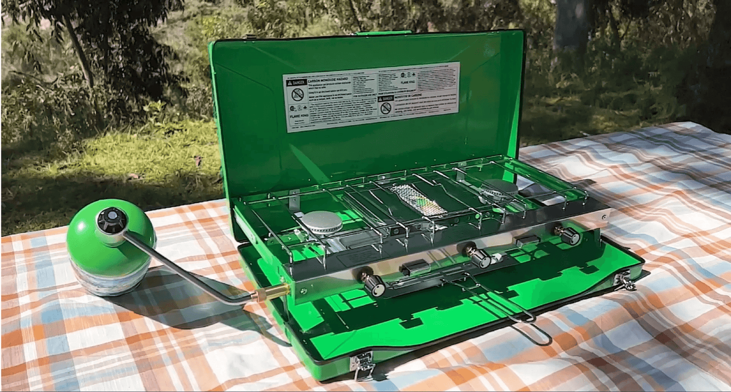 Flame King- Portable 3 Burner Grill Propane Gas Camping Stove Toast Tray