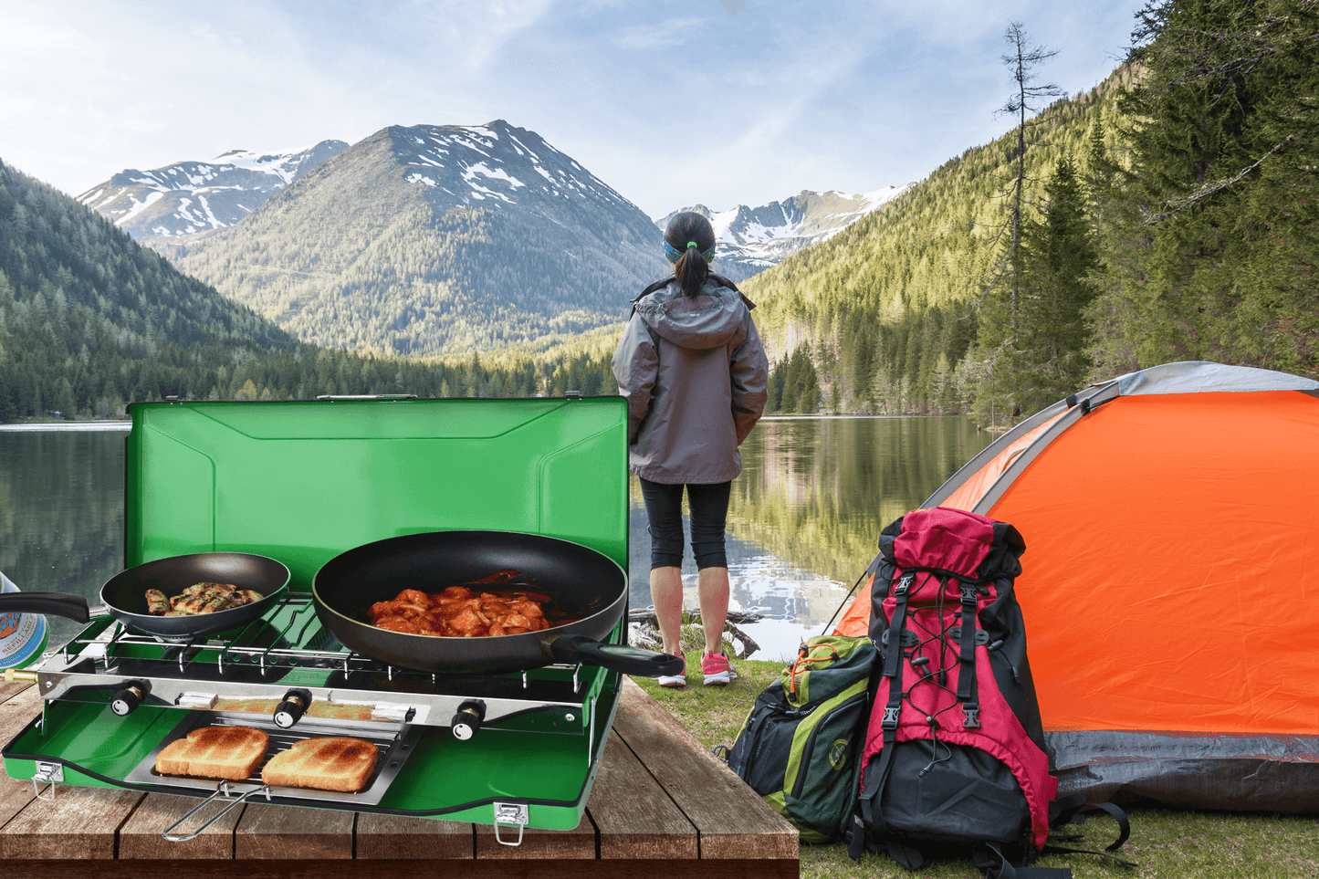 Flame King- Portable 3 Burner Grill Propane Gas Camping Stove Toast Tray